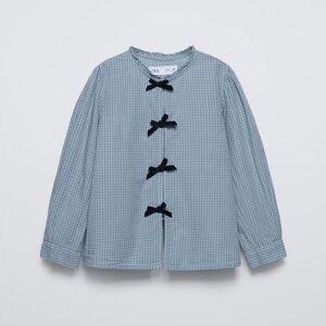 Zara Blue Plaid Top with Black Ribbon Details